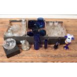 Three boxes of glassware. Includes decorative blue glass items, decanters, boxed Bohemia crystal