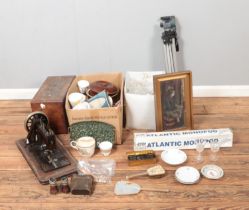 Two boxes of miscellaneous to include Paragon, Colclough, sporting binoculars, horn handled bottle