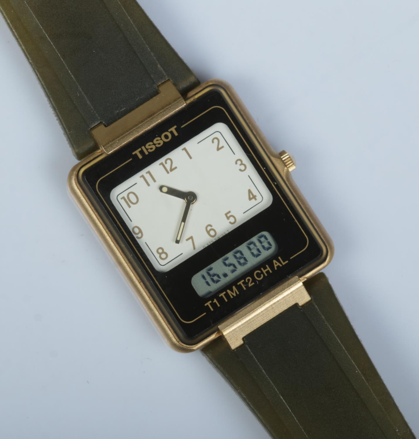 A gents gold plated Tissot TwoTimer wristwatch with analog and digital displays. Working