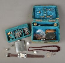 A vintage dressing table box with contents of jewellery and collectables to include 1887 Victorian