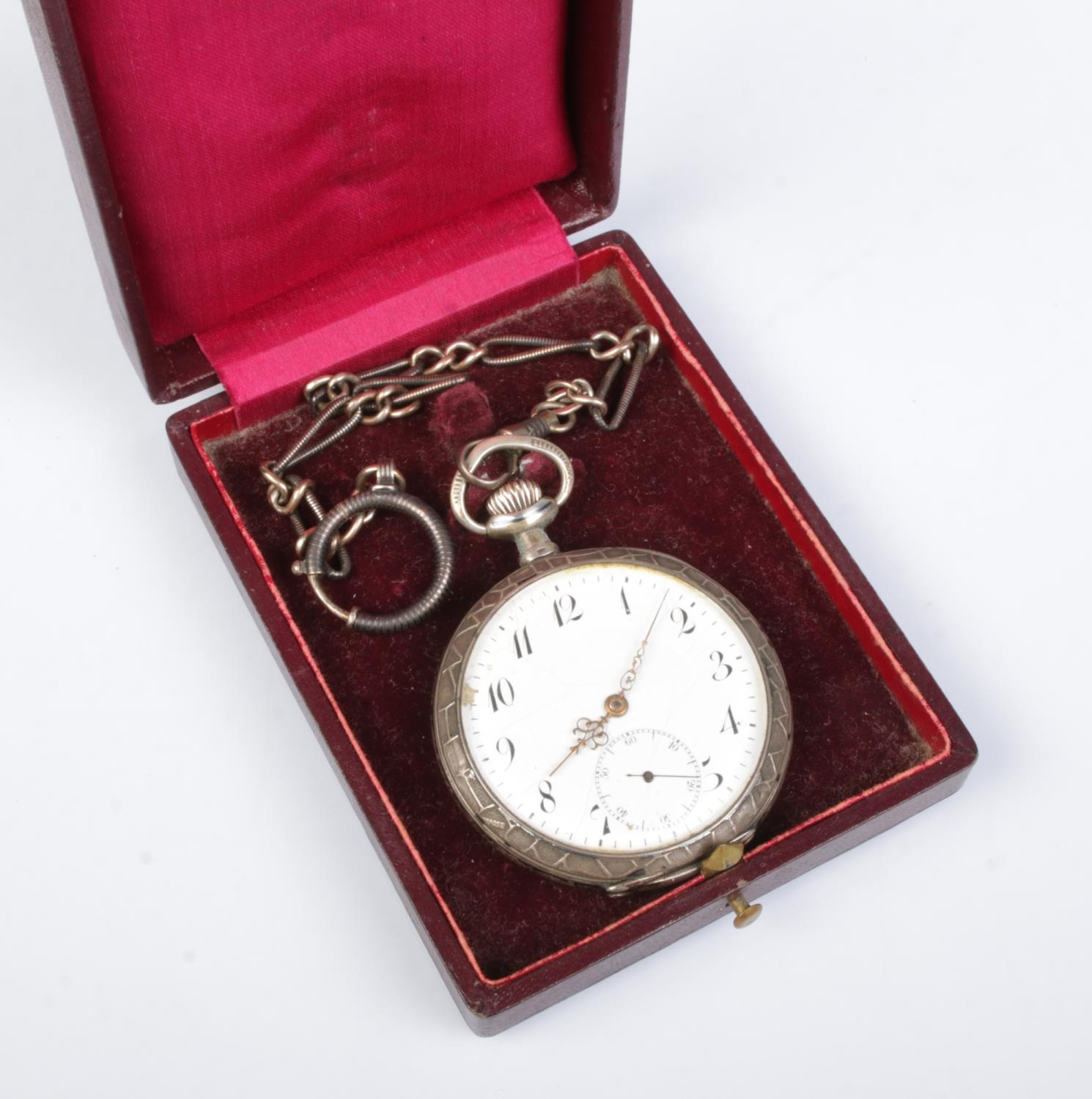 A continental silver Ancre De Precision pocket watch in case. Running. Cracking to enamel dial.