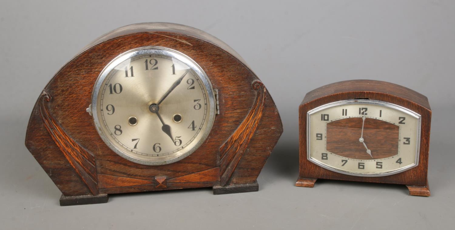 Two oak cased mantle clocks to include German Haller example.