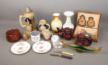 A tray of assorted ceramics and collectables to include West German stein and tankard, Rodgers