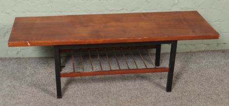 A mid century coffee table with under shelf and metal frame. Hx37cm Wx112cm Dx38cm