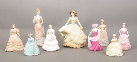 A collection of Coalport ceramic and resin figurines, including Queen Charlottes Ball, Cordelia, Age