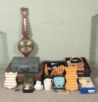 Two boxes of assorted miscellaneous, to include barometer, vintage suitcases, thimble display