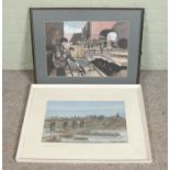J.N.Padden, a pen and ink artwork together with an unsigned watercolour of an industrial scene.