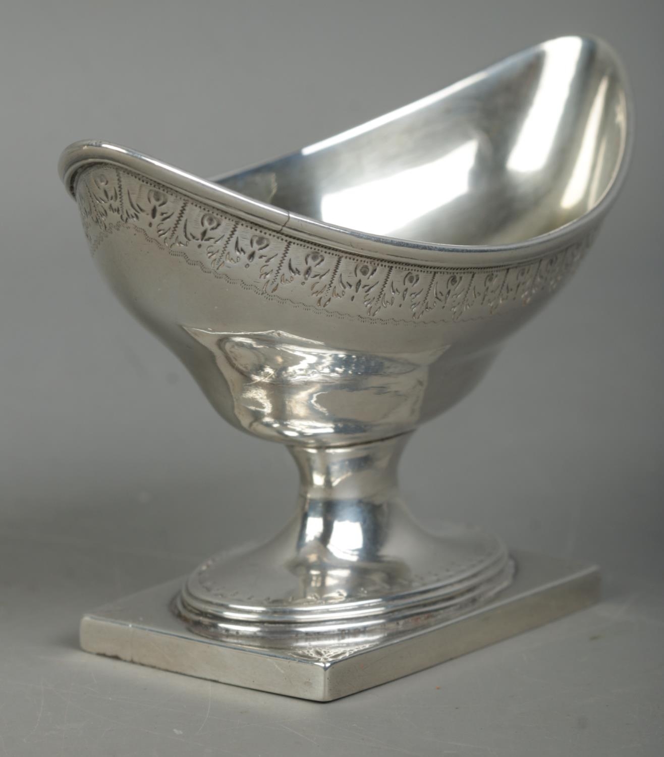 A near pair of large Georgian silver salts, with elliptical bowls, both on stepped oval base; one - Image 2 of 3