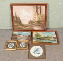 A collection of paintings and prints to include R. Wilson oil on board canal scene, Hamilton Oil