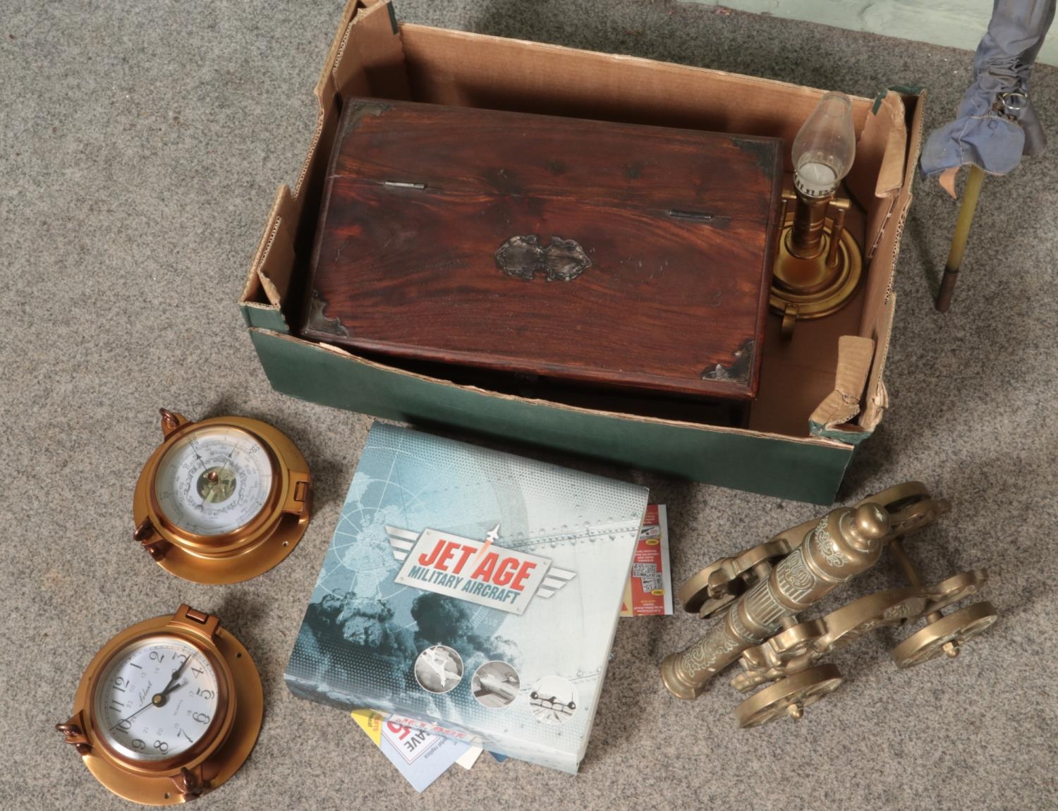 A box of miscellaneous to include Jet Age Military Aircraft Avro Vulcan model, modern bulkhead clock - Image 2 of 2