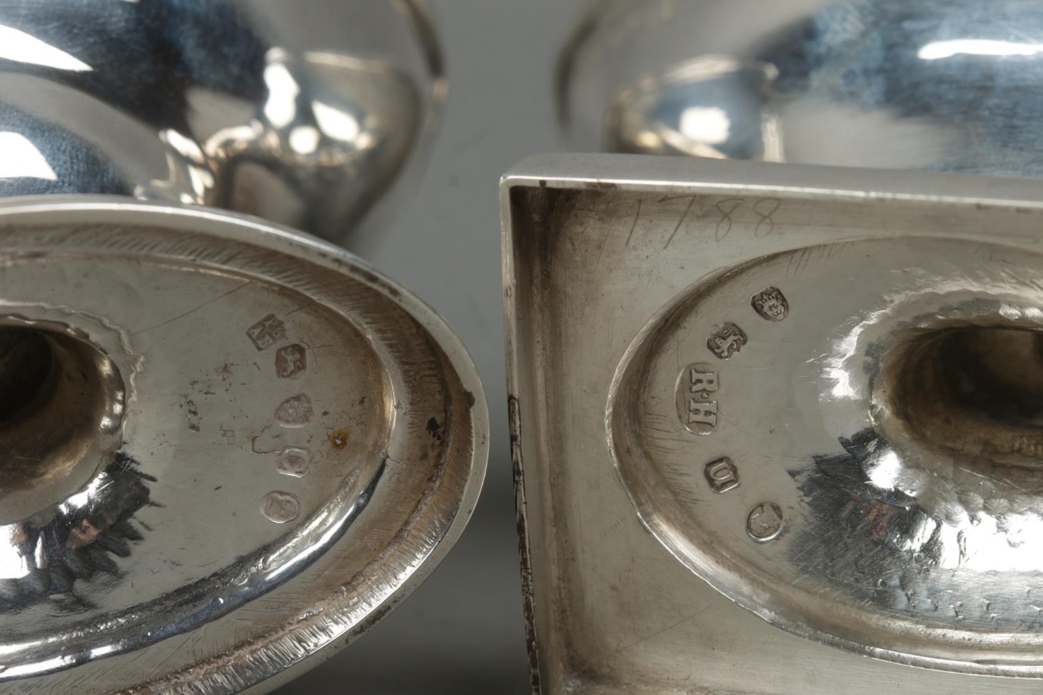 A near pair of large Georgian silver salts, with elliptical bowls, both on stepped oval base; one - Image 3 of 3