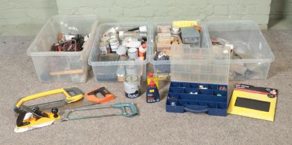 Four boxes of assorted tools, paints and adhesives to include drill bit set, fiberglass tissue