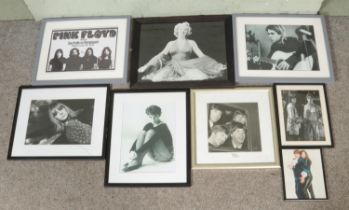 A collection of assorted framed photographs, to include The Beatles, Pink Floyd, Kurt Cobain and