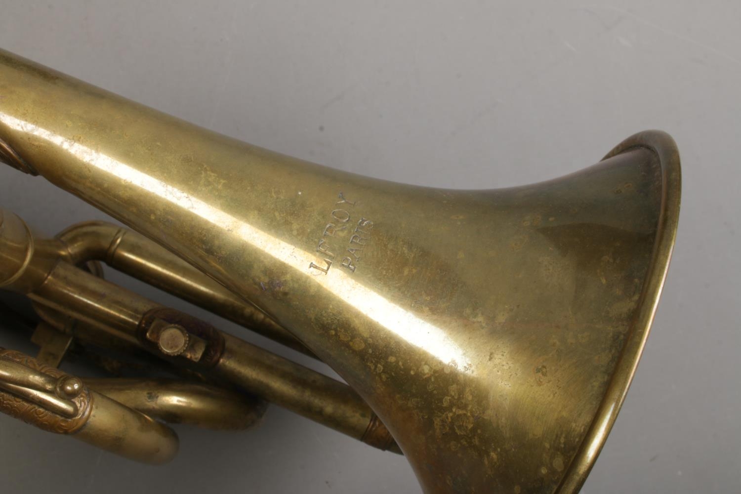 A Leroy Paris brass plated pocket trumpet, in case. Some attachments missing from case. Keys are - Image 3 of 3