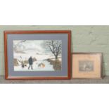 Two framed pictures. Includes winter landscape watercolour depicting Penyghent with a figure and