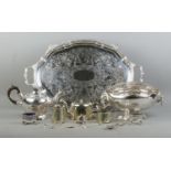 A collection of assorted metalwares and silver plated items. To include very large Walker and Hall