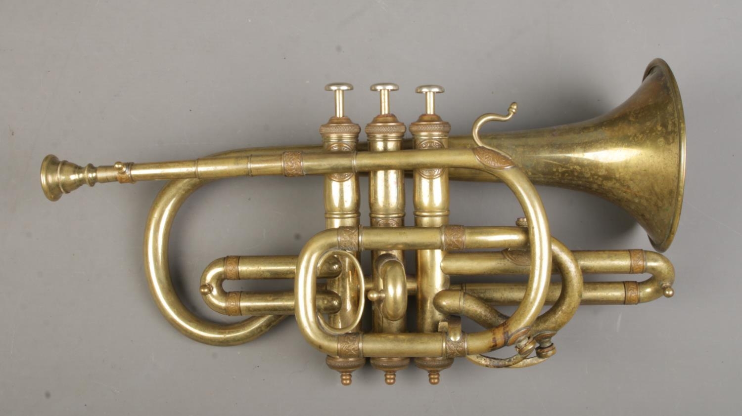 A Leroy Paris brass plated pocket trumpet, in case. Some attachments missing from case. Keys are - Image 2 of 3