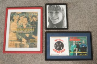 Three framed and signed pieces of music memorabilia, to include Marianne Faithfull photograph, The