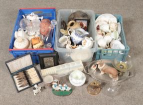Three boxes of miscellaneous. Includes Coopercraft and Wedgwood figures of Border Collie dogs,