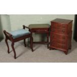 A collection of assorted furniture to include small chest of drawers, piano stool and leather topped