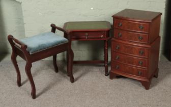 A collection of assorted furniture to include small chest of drawers, piano stool and leather topped