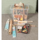 A box of assorted fibre arts tools and accessories to include universal Q Snap, scroll frame,