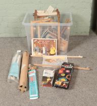 A box of assorted fibre arts tools and accessories to include universal Q Snap, scroll frame,