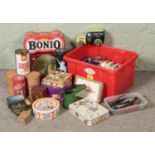 A large collection of tin containers including Shell, Bisto Mac Baren, Will's Cigars, Gallaher's,