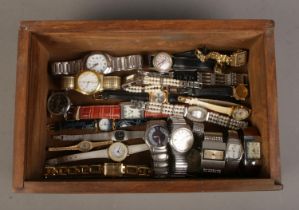 A box of assorted Gents and Ladies wristwatches, to include Roamer 17 Jewel example, along with