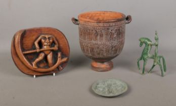 Four items after antiquity. Includes Greek vessel, faux carving Mr Somebody Blemmyae, Verdi Gris