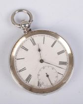 A silver plated pocket watch featuring roman numeral dial. Marked fine silver to inside of case.