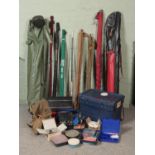 A collection of fishing equipment. Includes Shakespeare, Abu and Browning rods, Shimano Sedona reel,