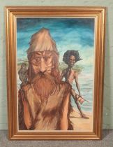 Thomas McMath (unknown), a framed acrylic on canvas 'Robinson Crusoe and Friday'. Signed and dated