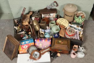 A large quantity of mixed collectables including ceramic figures, large stoneware breadbin, Sadler