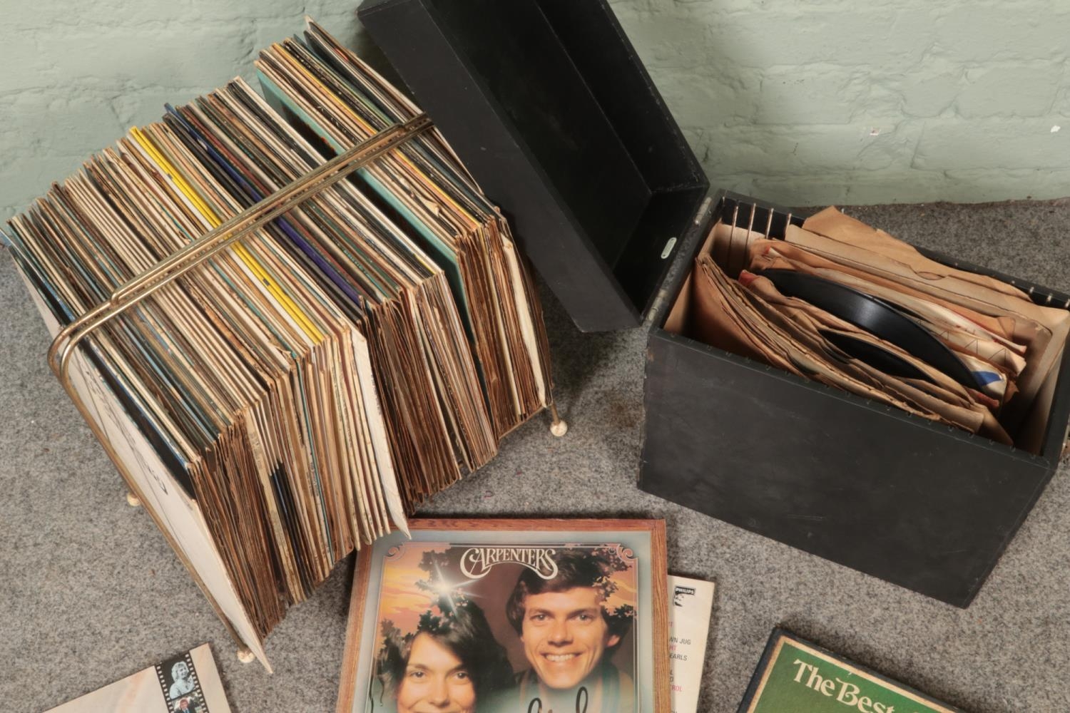 A collection of vinyl records in a vintage rack and travel case including Carpenters, Mario - Image 2 of 2