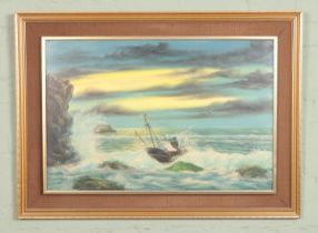 Keith Sutton (Blackpool Artist 1924-1991); a framed oil on board seascape of a fishing boat on