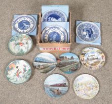 A box of ceramic cabinet plates. Includes boxed Wedgwood examples, Imperial Jingdezhen examples,