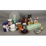 A tray of ceramics including Wedgwood Jasperware, flatback ceramic figures, Foster's Studio Fish,