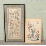 A framed Chinese embroidery on silk along with another framed embroidery of a Geisha girl.