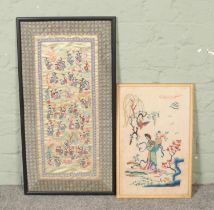 A framed Chinese embroidery on silk along with another framed embroidery of a Geisha girl.