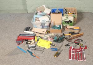 Three boxes of assorted tools to include hammers, chisels, electrical components, replacement saw
