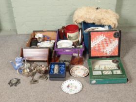 Three boxes of miscellaneous to include glass chess set, EPNS, assorted ceramics, fishing reels,