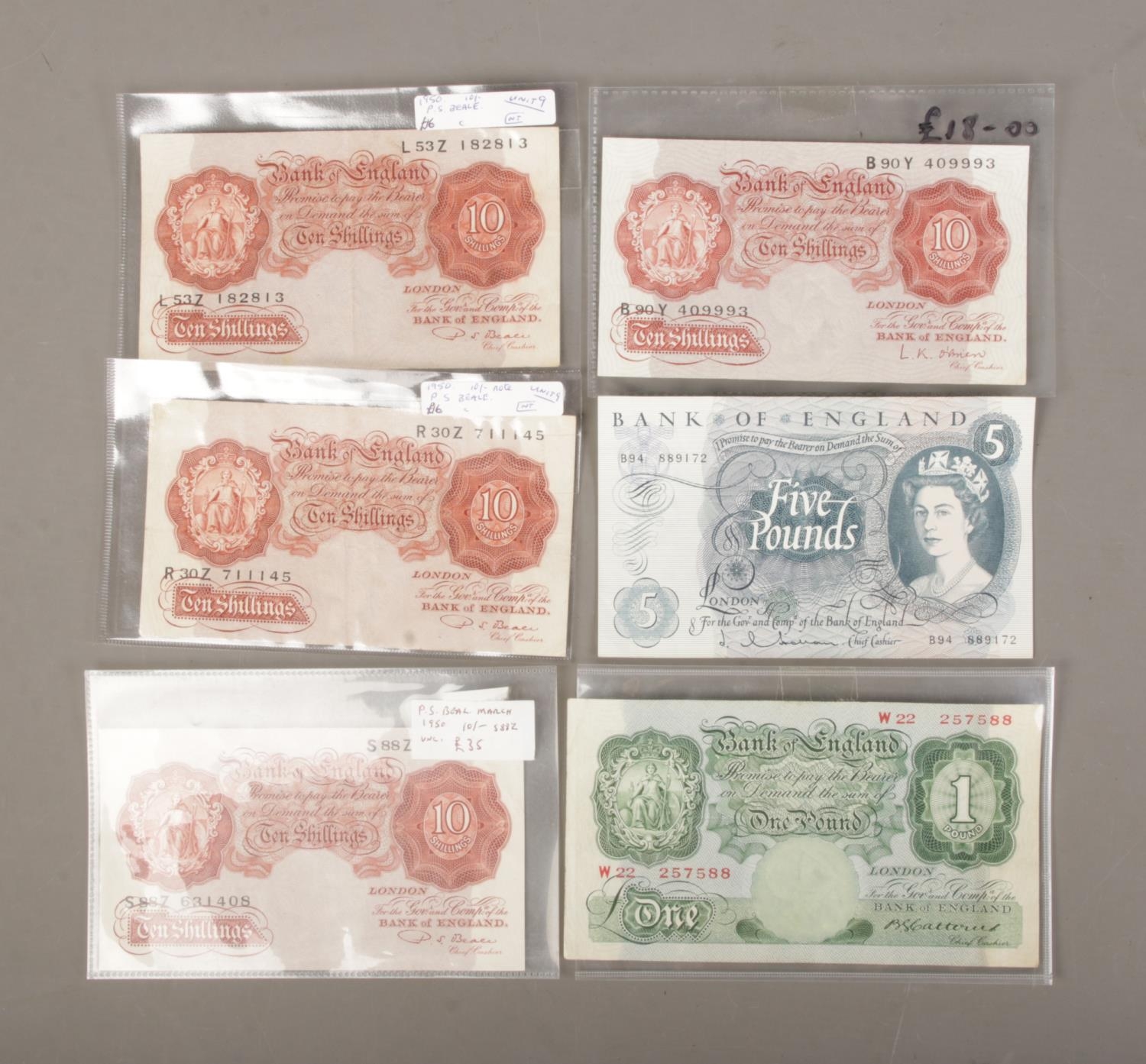 A collection of Bank of England notes to include ten shillings, five pounds and Catterns one pound