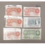 A collection of Bank of England notes to include ten shillings, five pounds and Catterns one pound