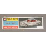 An original Corgi Toys advertising leaflet/banner for Simca '1000', New This Month. 43.5cm long.