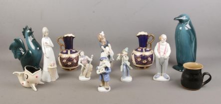 A collection of assorted ceramics, to include NAO by Lladro and Lladro style figures and a pair of