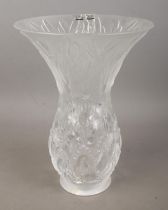 A Lalique frosted glass vase decorated with floral motifs. Approx. height 25cm. Rim is chipped and
