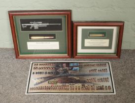 A Speer bullet enamelled sign along with two framed displays for Barrett M82A1 50 cal. and 600 Nitro