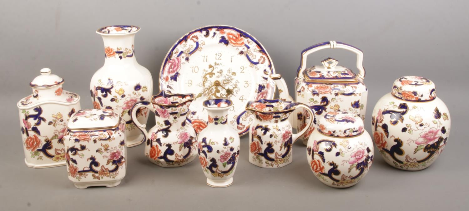 A good collection of Masons ceramics in the Mandalay design. To include clock, large teapot, vase,