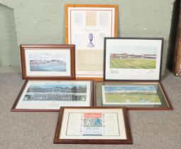 A collection of cricketing prints and montages, some signed. To include The Birth of The Ashes